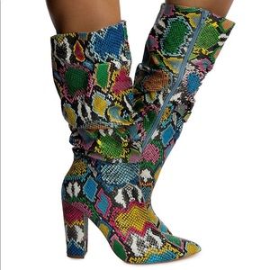 Rainbow Snakeskin Block Heel Boots